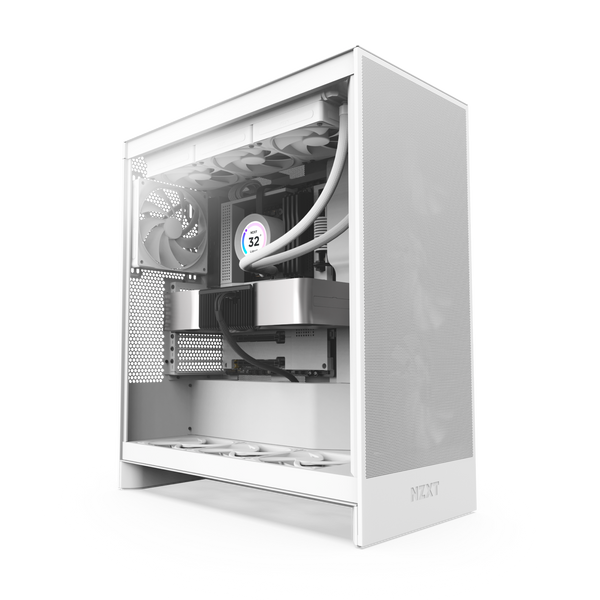 The NZXT H7 Flow is a white mid-tower PC case with a transparent side panel, showcasing neatly organized internal components such as GPU cooling, a graphics card, and fans.