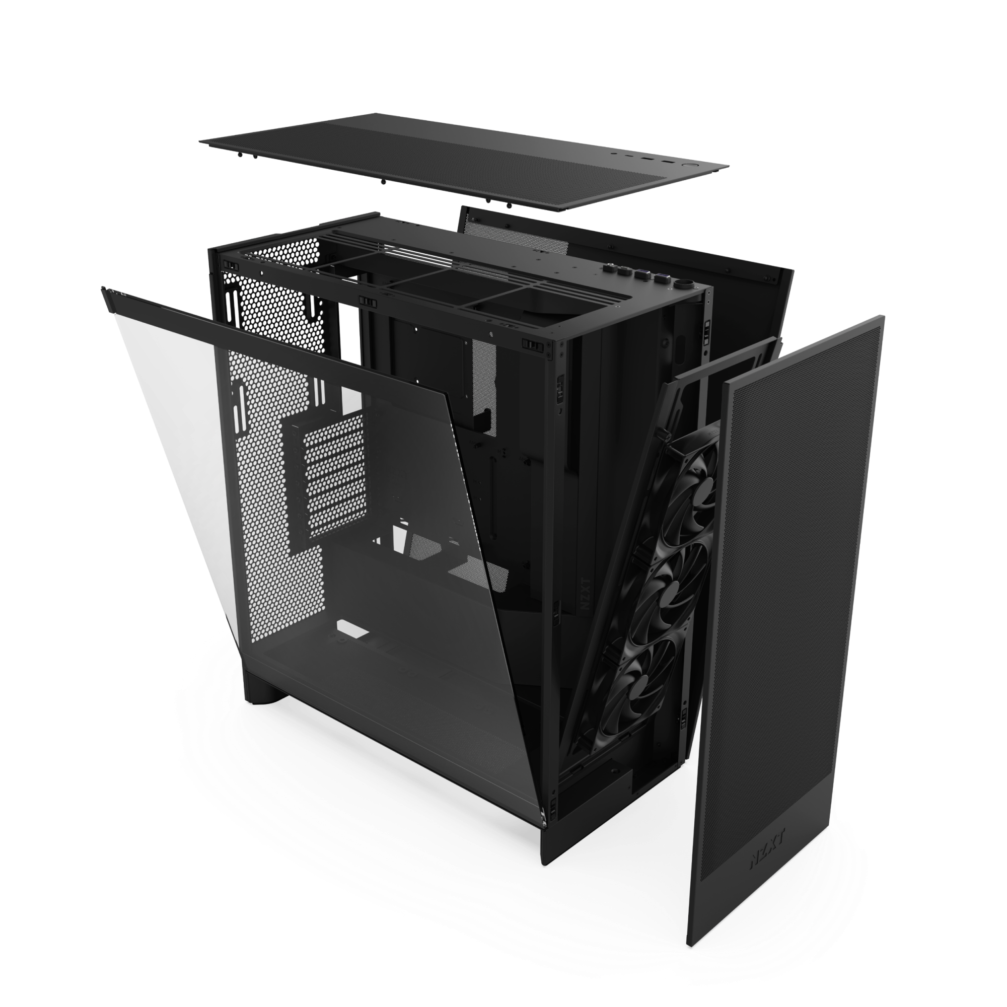 The NZXT H7 Flow, a black mid-tower case, is shown opened with angled glass side and front panels and the top cover removed, revealing internal GPU cooling fans and compartments for PC components.