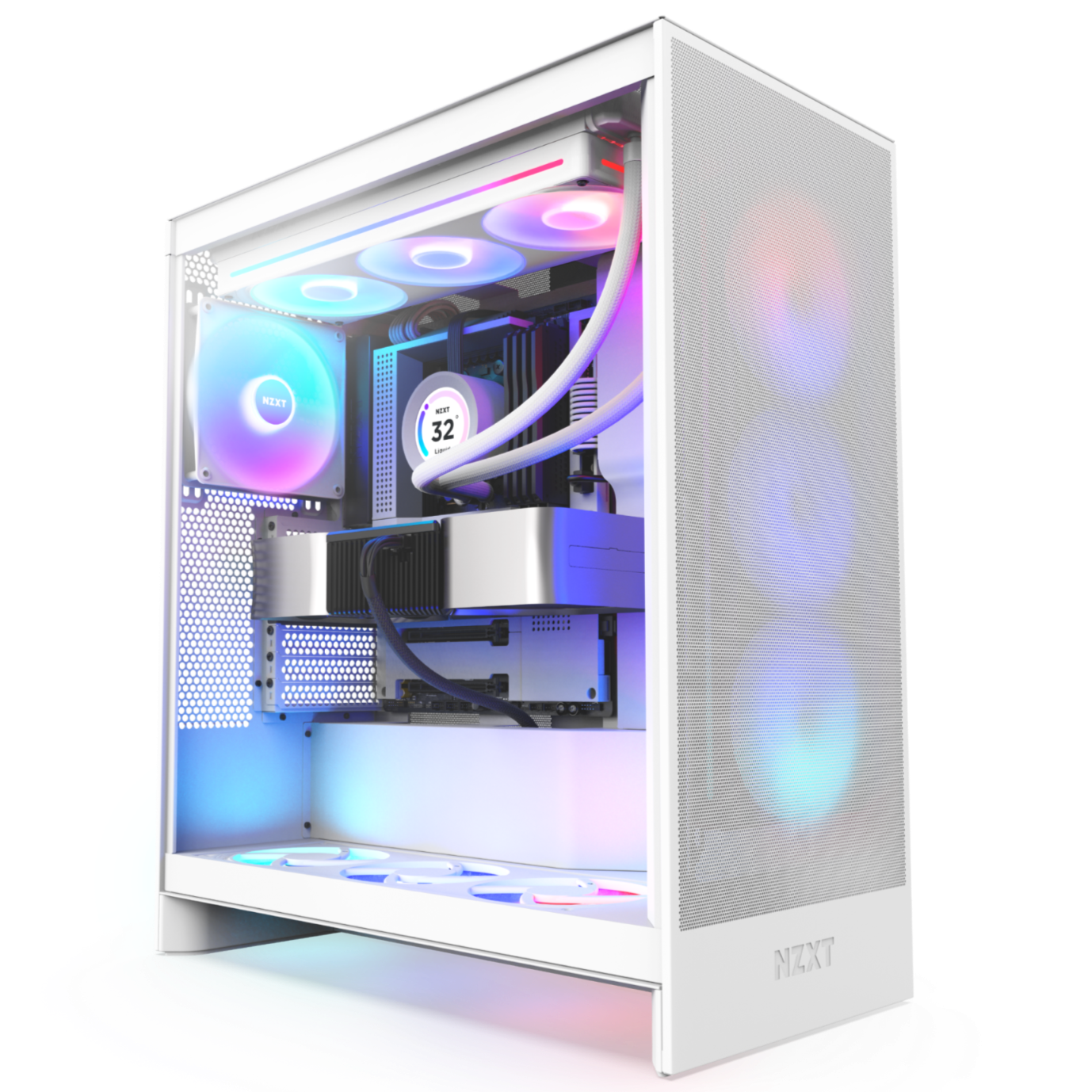A sleek white gaming PC tower with RGB lighting on fans and components, visible through a transparent side panel, showcasing a modern, clean interior design.
