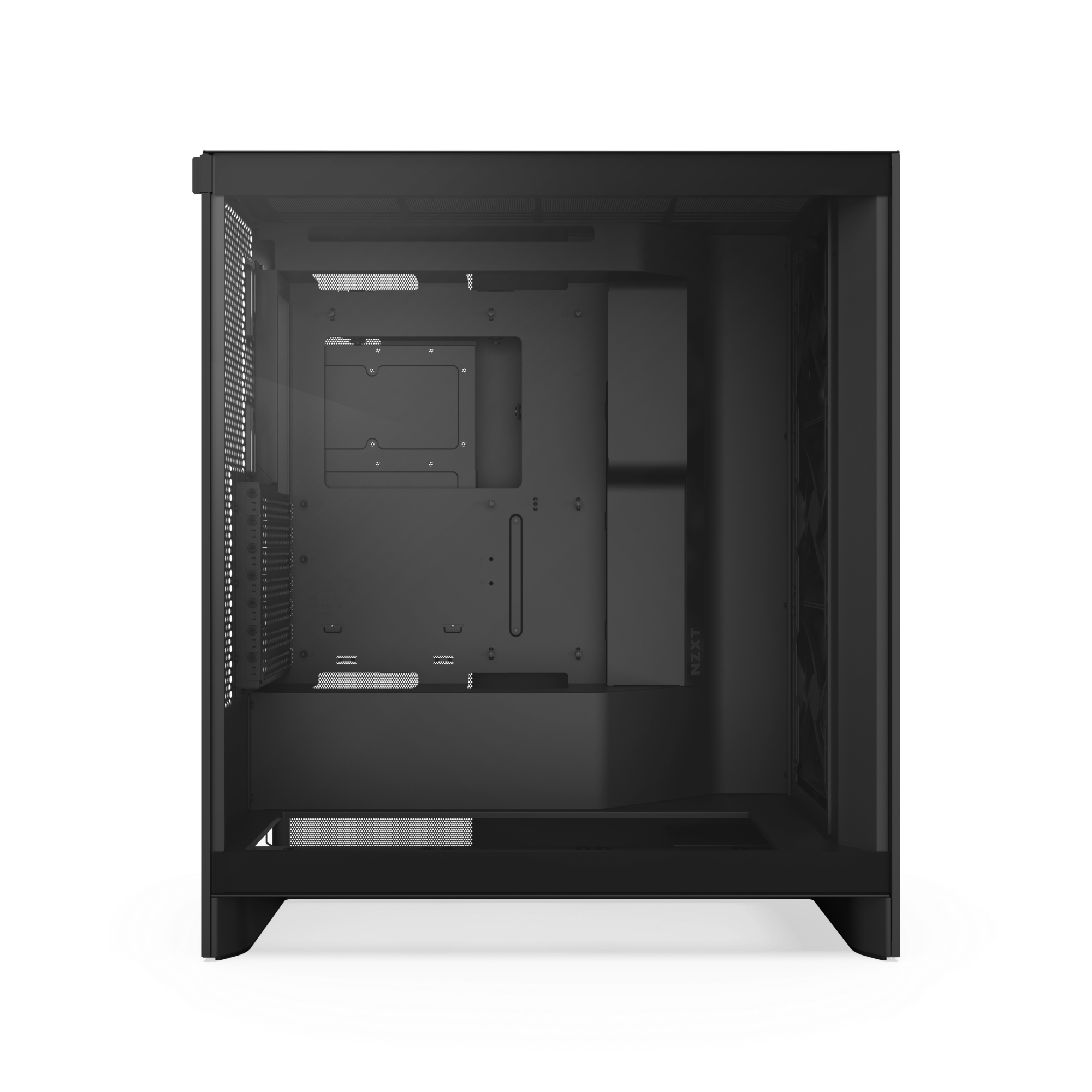 The NZXT H7 Flow is a black mid-tower PC case with a transparent side panel, spacious GPU-optimized interior, and high-performance mesh panels for airflow. Shown empty on a white background, it features advanced ventilation throughout.