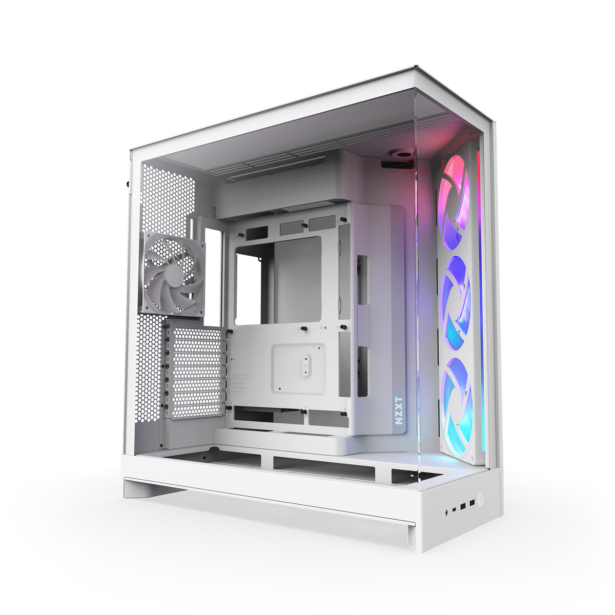 NZXT H9 Flow RGB case in white, RGB lighting on, angled view