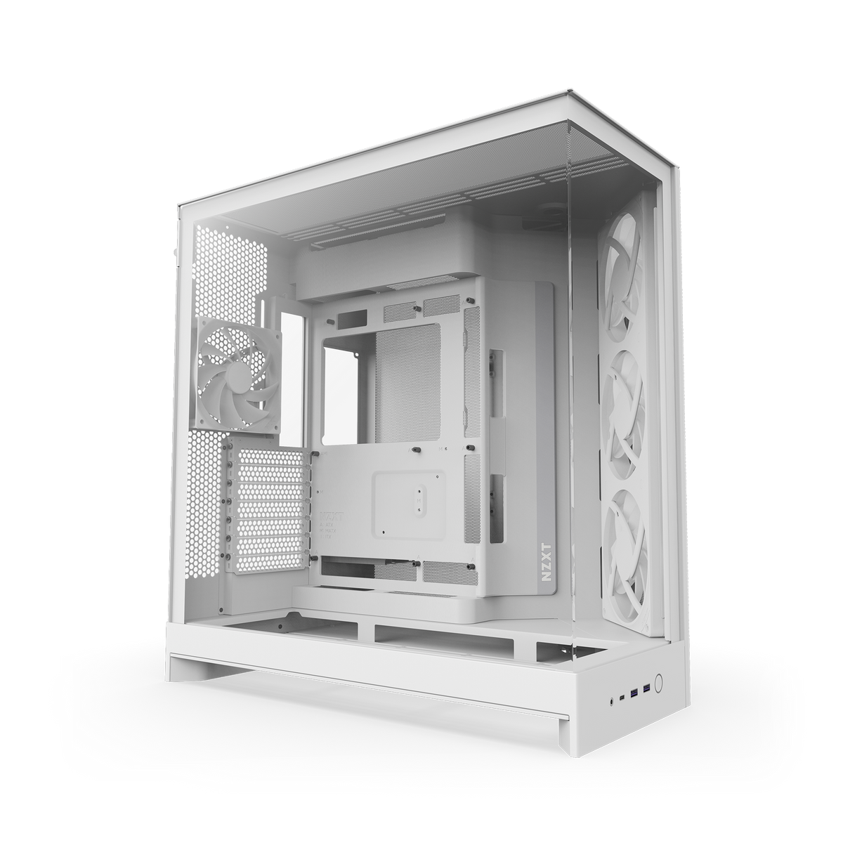 NZXT H9 Flow RGB case in white with lighting off, angled view