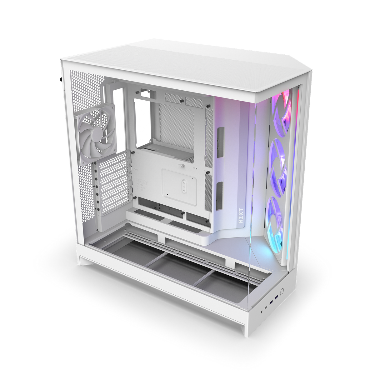 NZXT H9 Flow RGB case in white, three-quarter view with RGB fans lit