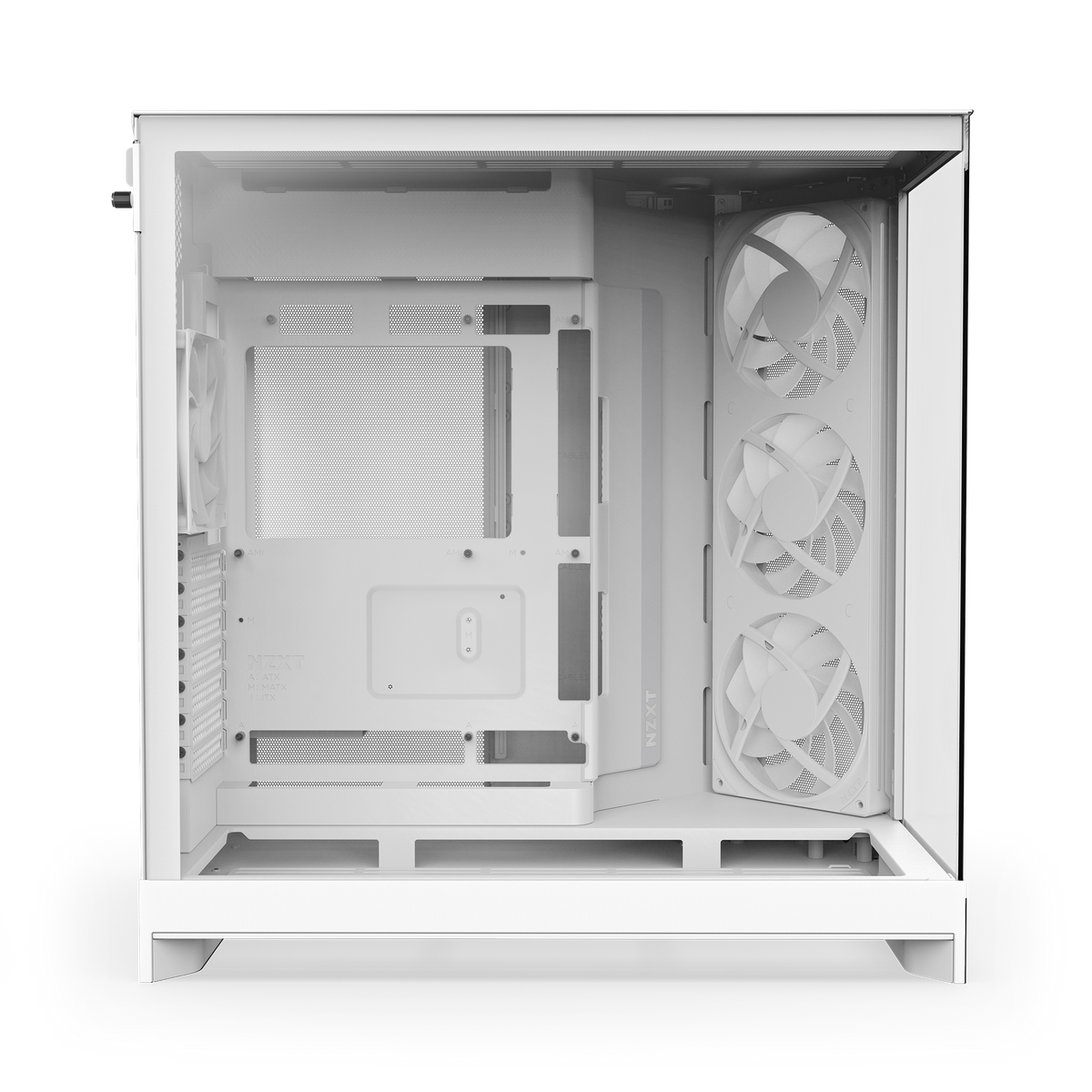 NZXT H9 Flow RGB case in white, left side view through tempered glass