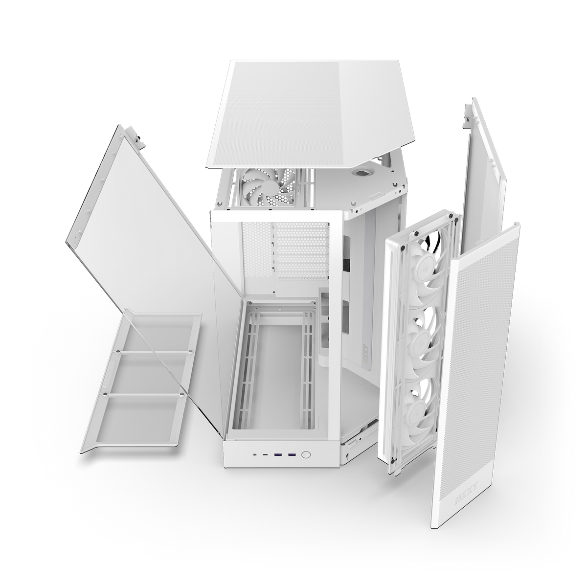 NZXT H9 Flow RGB case in white, exploded view of panels