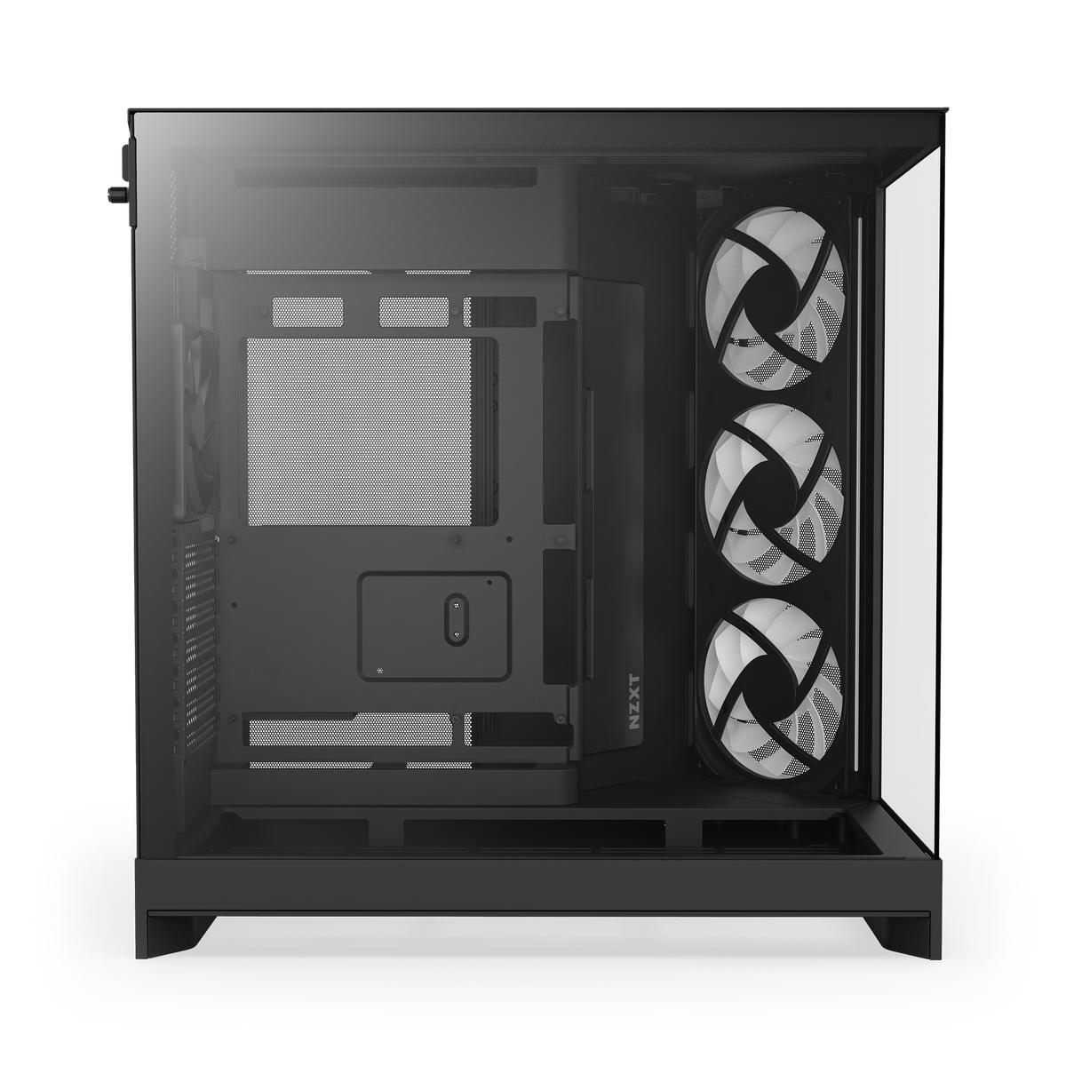 NZXT H9 Flow RGB case in black, left side view through tempered glass