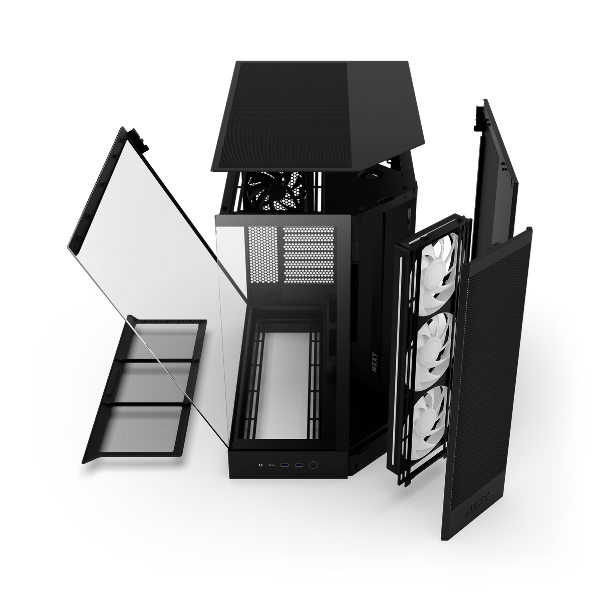 NZXT H9 Flow RGB case in black, exploded view of panels