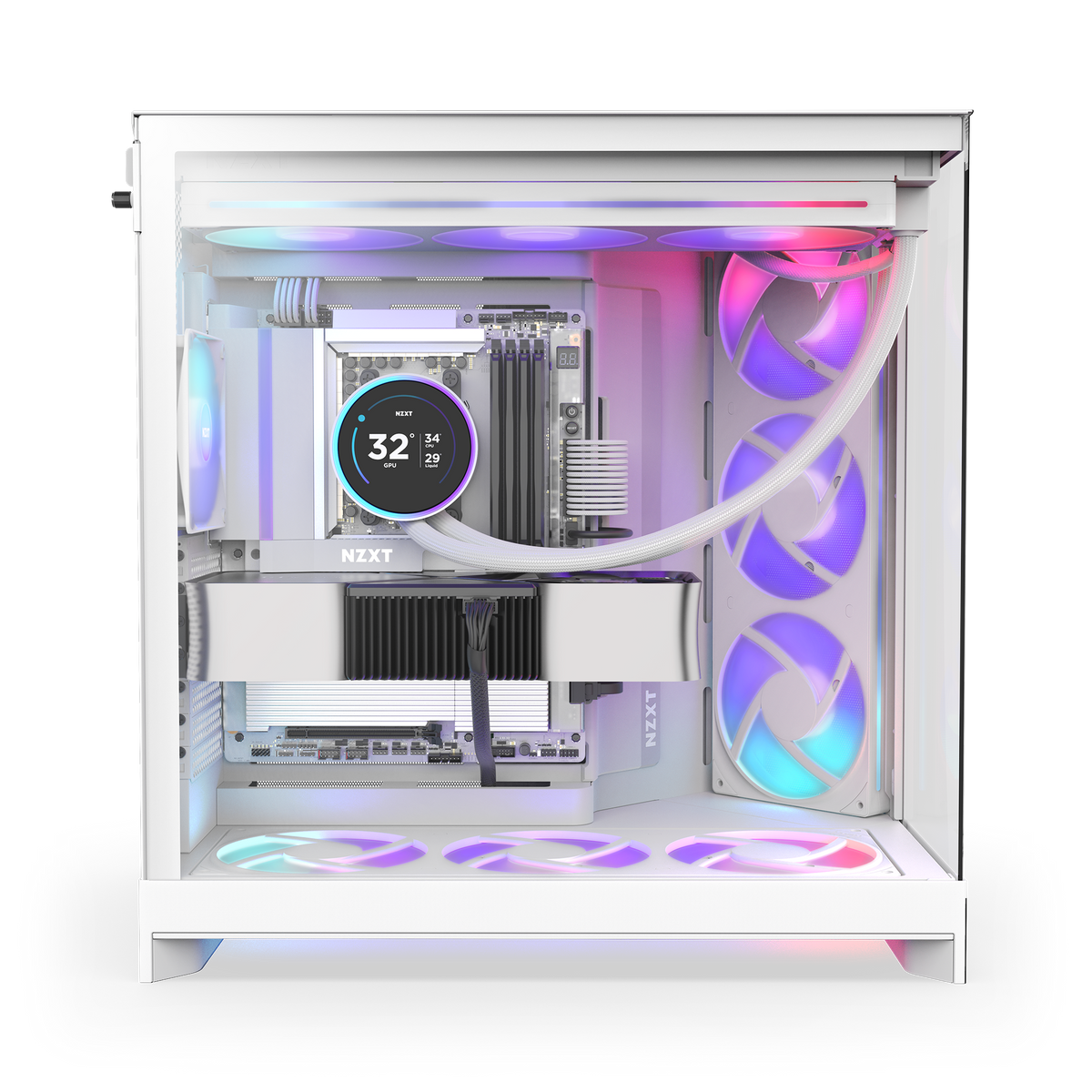 NZXT H9 Flow RGB case in white with a completed PC build inside