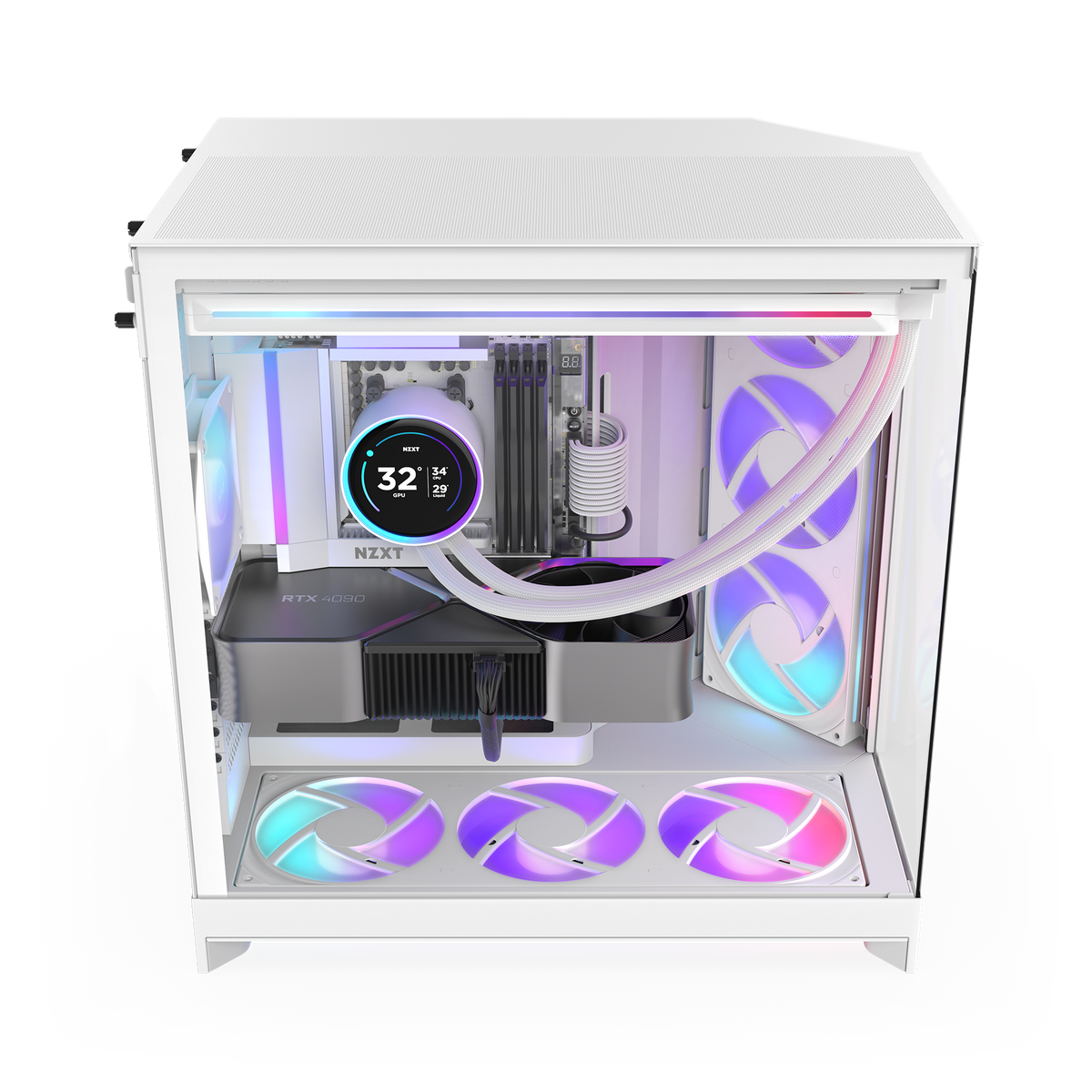 NZXT H9 Flow RGB case in white with a completed PC build, angled view