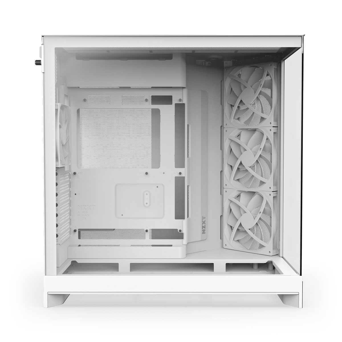NZXT H9 Flow case in white, left side view through tempered glass