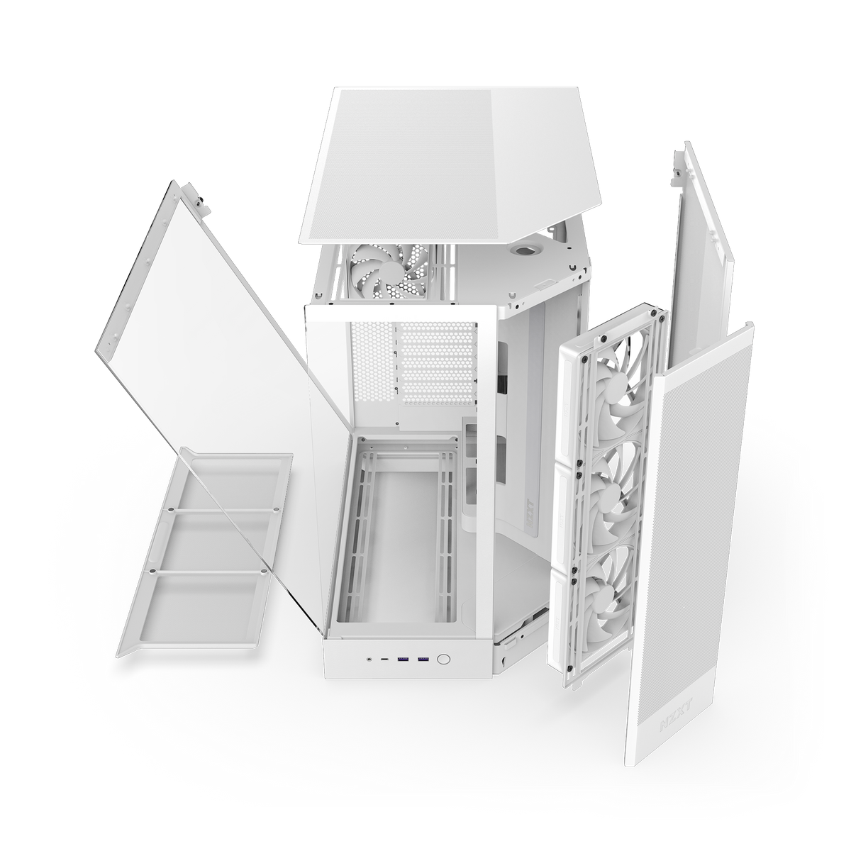 NZXT H9 Flow case in white, exploded view of panels