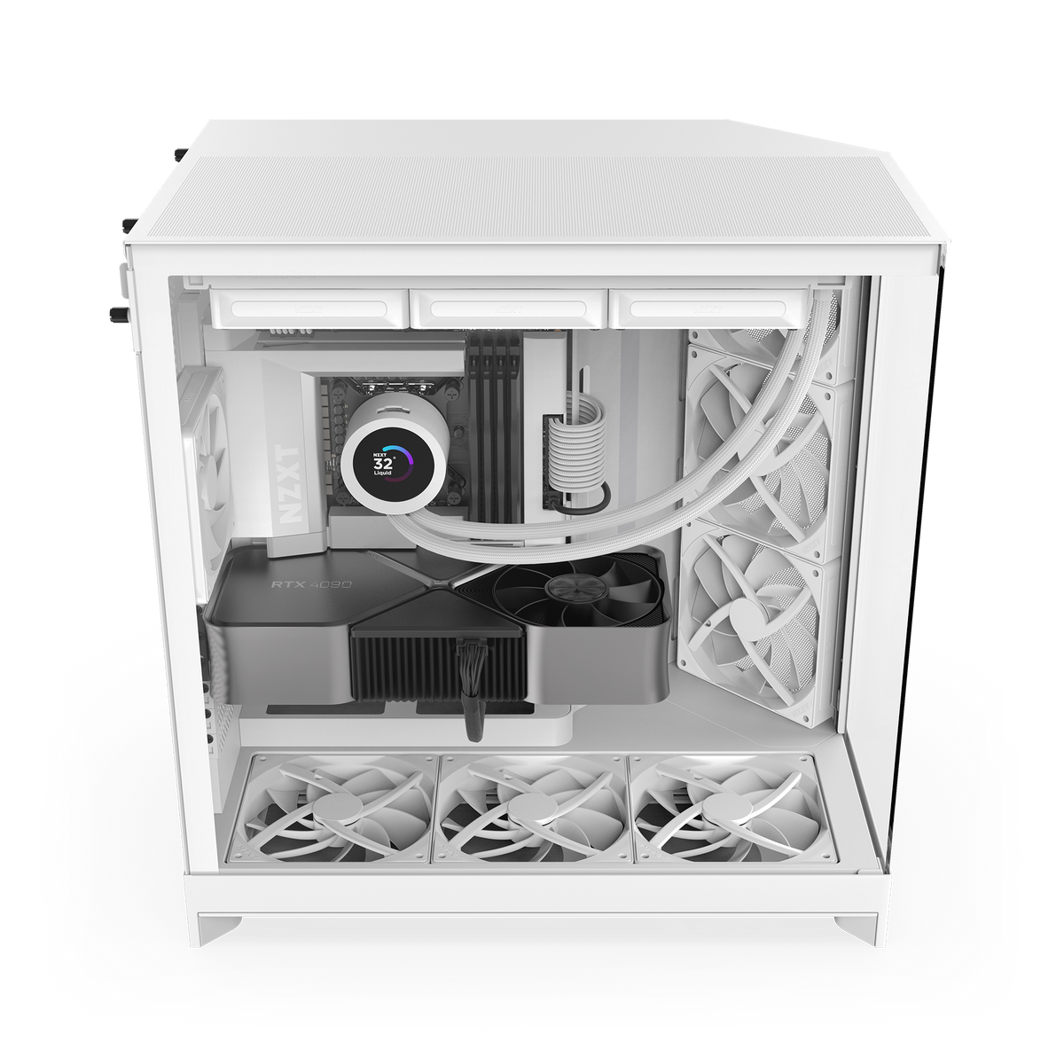 NZXT H9 Flow case in white with a completed PC build, angled view