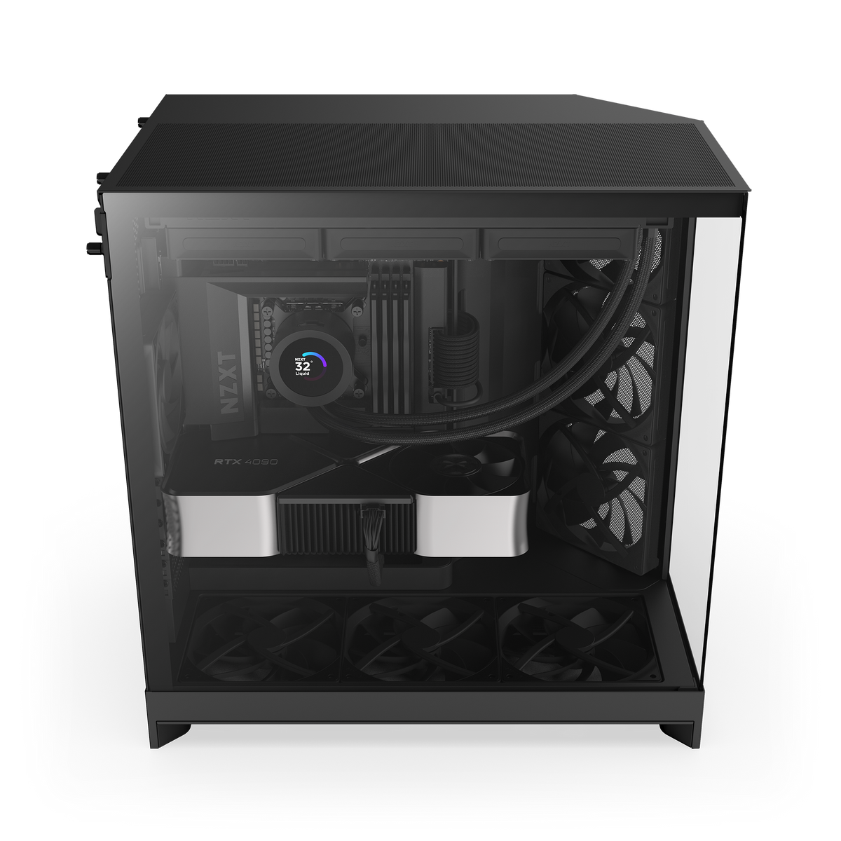 NZXT H9 Flow case in black with a completed PC build, angled view