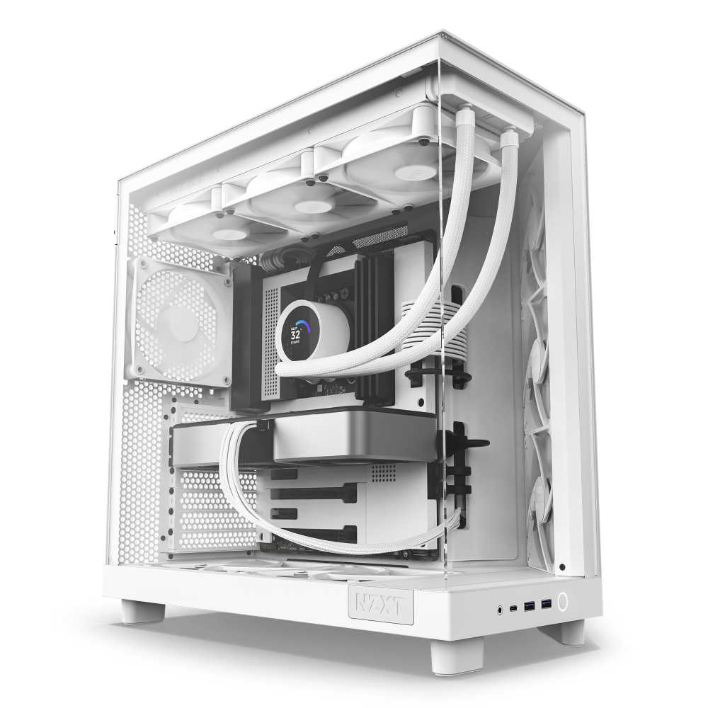 The NZXT H6 Flow is a white PC case with a panoramic glass side panel, RGB-lit fans, GPU cooling, liquid cooling tubes, and tidy internal components like a graphics card and motherboard.