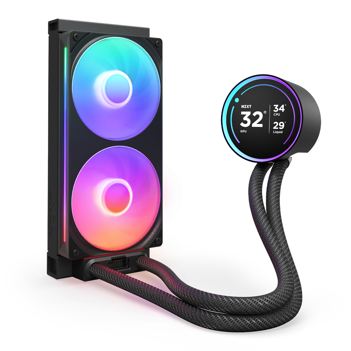 NZXT Kraken Elite 240 RGB black, mounted vertically to show the radiator and braided tubing