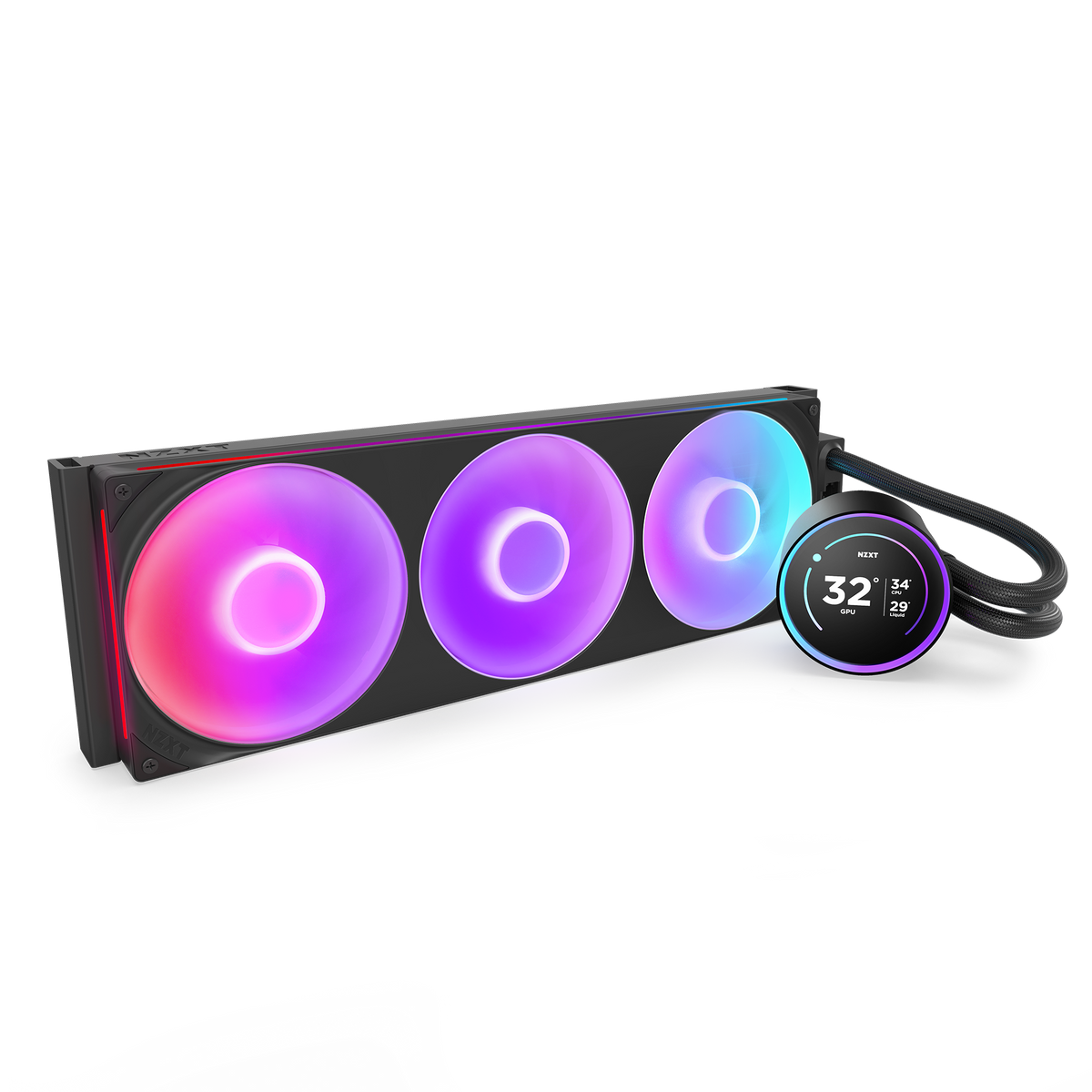 NZXT Kraken Elite 420 RGB black, angled view with RGB fans lit