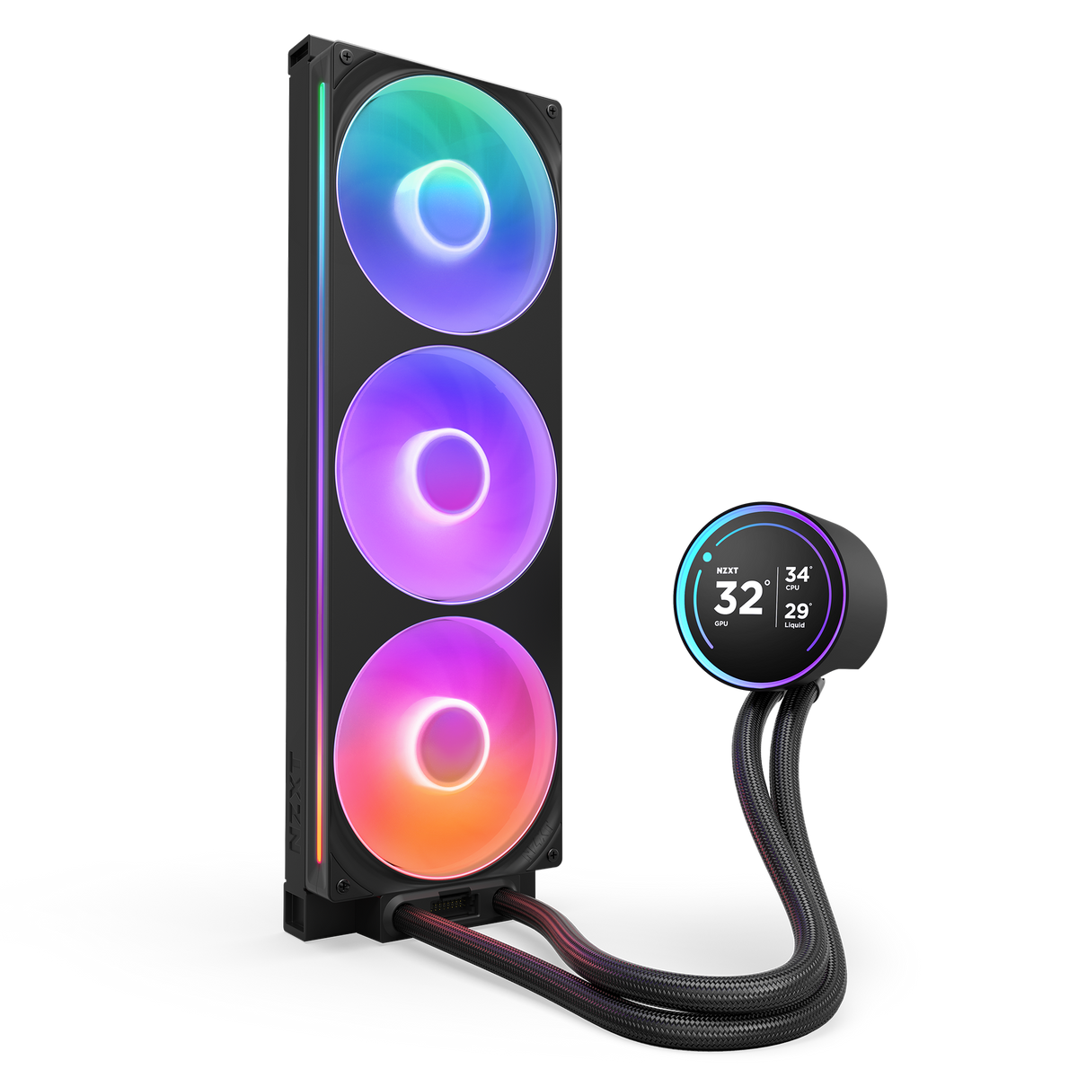 NZXT Kraken Elite 420 RGB black, vertical view with LCD display