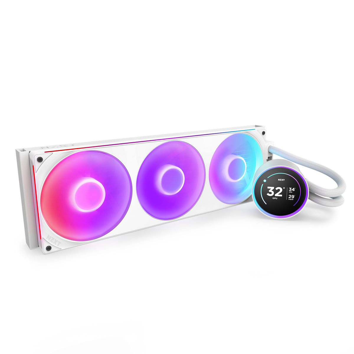 NZXT Kraken Elite 420 RGB white, angled view with RGB fans lit