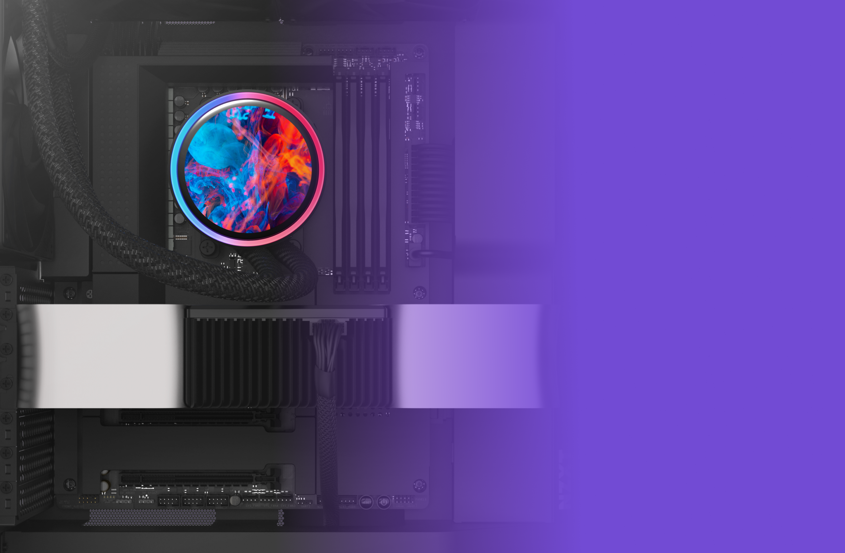 A computer’s internal components with a colorful, circular CPU cooler glowing in blue and red, set against a black motherboard. The right side of the image fades into a bright purple gradient.