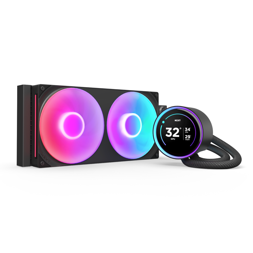 The NZXT Kraken Elite 280 RGB features dual RGB fans, a circular digital display showing temperature and fan speed, an advanced NZXT Turbine pump, and durable braided hoses for reliable liquid cooling.
