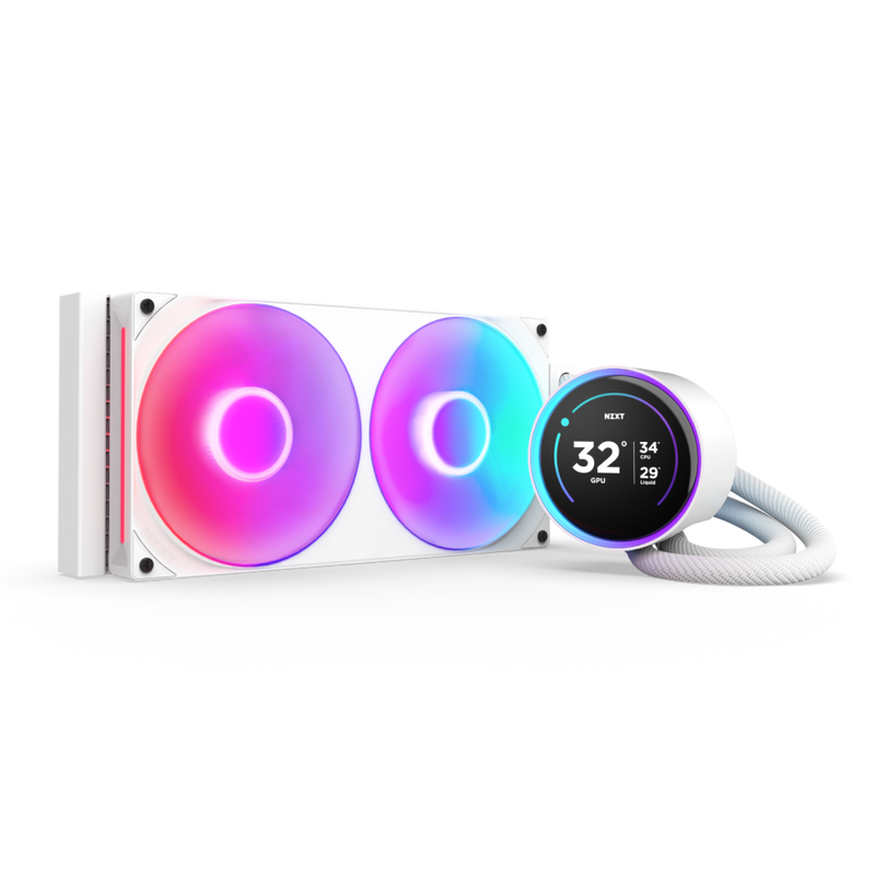 The NZXT Kraken Elite 280 RGB is a white liquid CPU cooler with Turbine pump tech, dual RGB fans with vibrant rings, a round digital display for temps and fan speed, and sleek white tubing.
