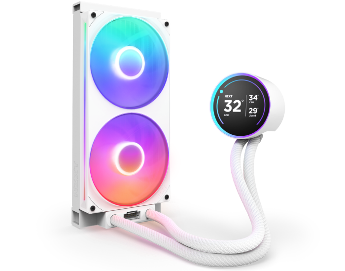 A white dual-fan liquid CPU cooler with RGB lighting and a round digital display showing temperature, connected by white braided tubes.