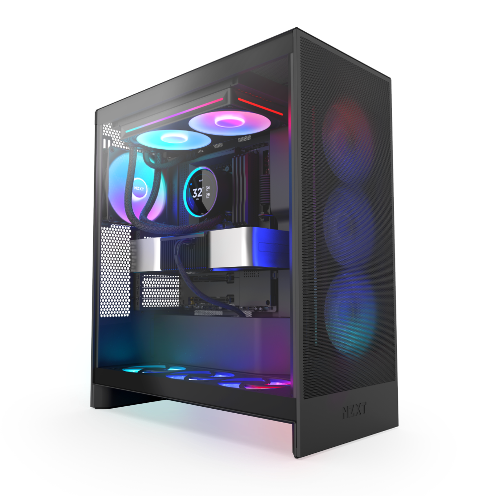 The NZXT Kraken Elite 280 RGB is a mid-tower gaming PC featuring three front RGB ring fans, a Kraken Elite 280 RGB liquid CPU cooler with digital display, and visible components inside a transparent side panel case.