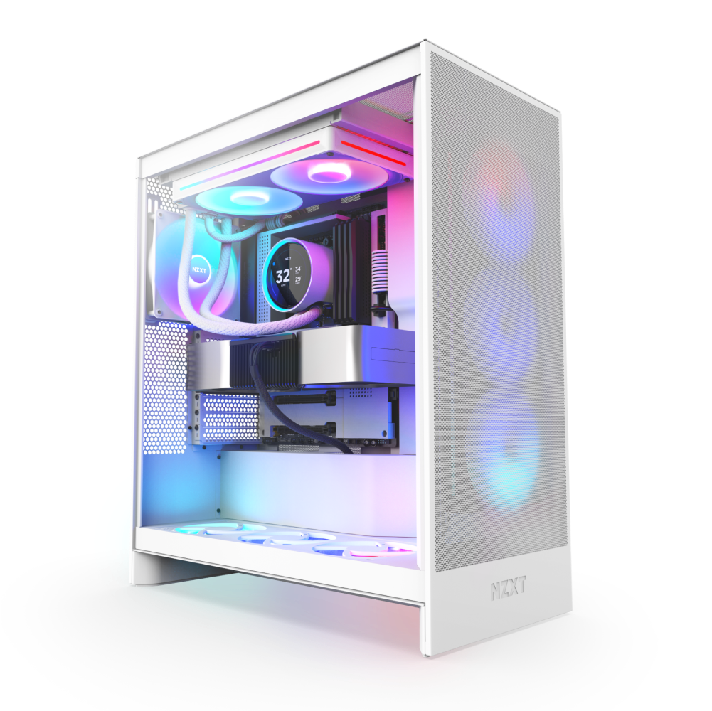 A white NZXT gaming PC tower features RGB ring lighting, visible cooling fans, and an internal temperature display, glowing in blue, pink, and purple hues powered by the NZXT Kraken Elite 280 RGB.