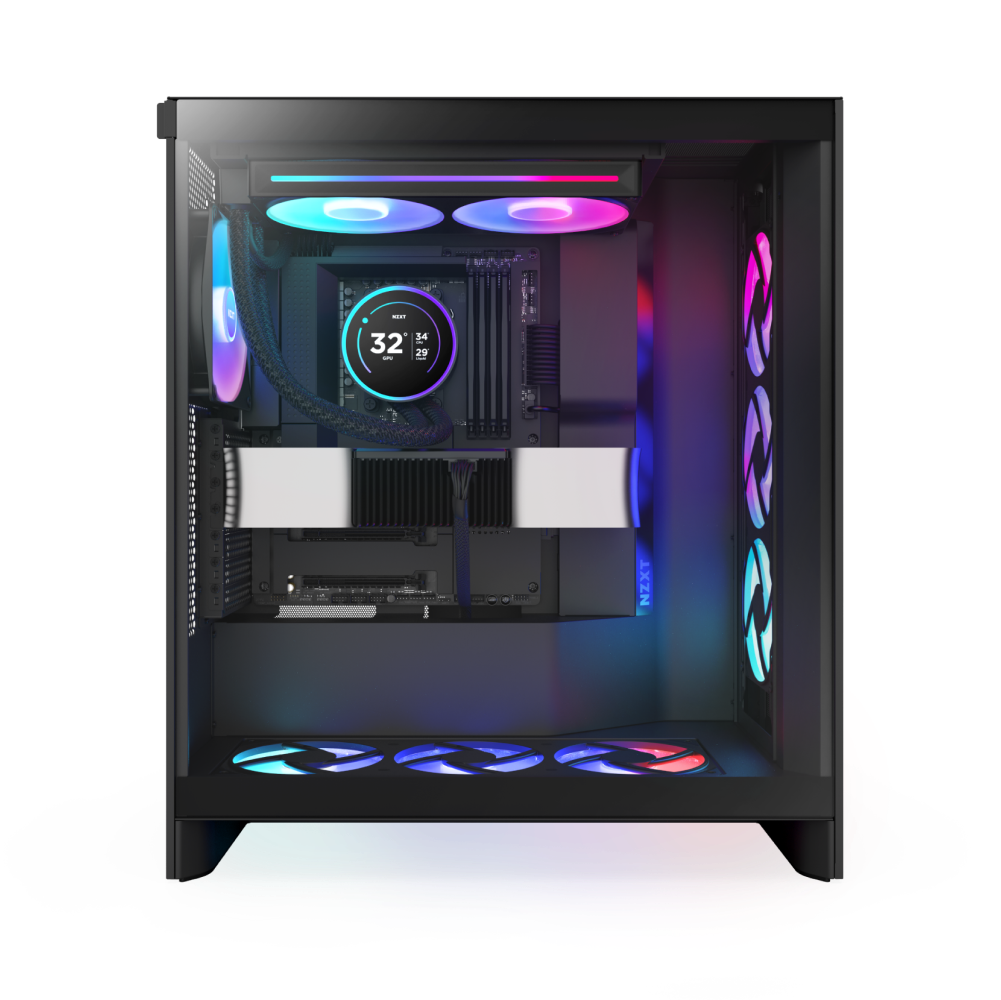 A black NZXT gaming PC tower with a transparent side panel, RGB-lit fans, LED lighting, visible components, and a circular digital display showing 32°C with an RGB ring features the Kraken Elite 280 RGB for top-tier cooling.