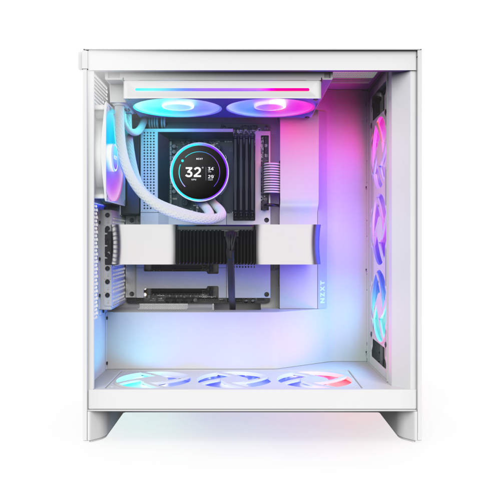 A white gaming PC case from NZXT features RGB lighting, visible fans, cooling tubes, and a Kraken Elite 280 RGB cooler with an RGB ring and round digital display at 32°C. Neatly organized cables are visible with the side panel removed.