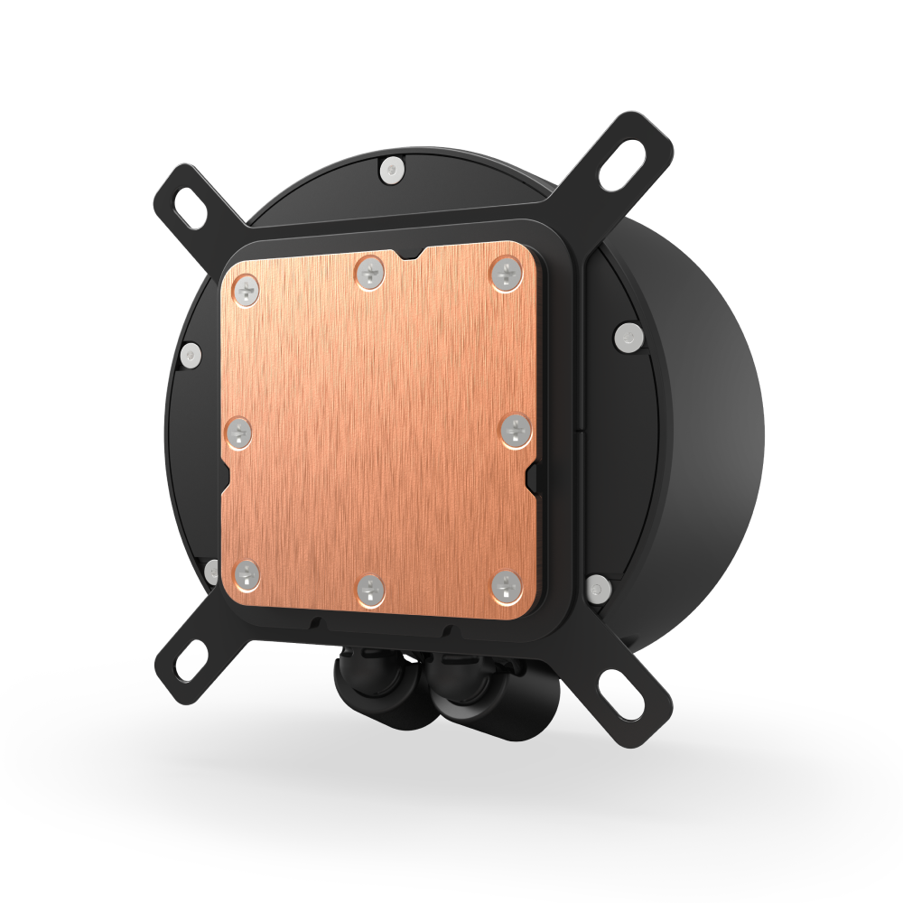 A close-up of the NZXT Kraken Elite 280 RGB, a round black cooling component with an RGB ring, a square copper base plate secured by screws, and four mounting arms extending outward.