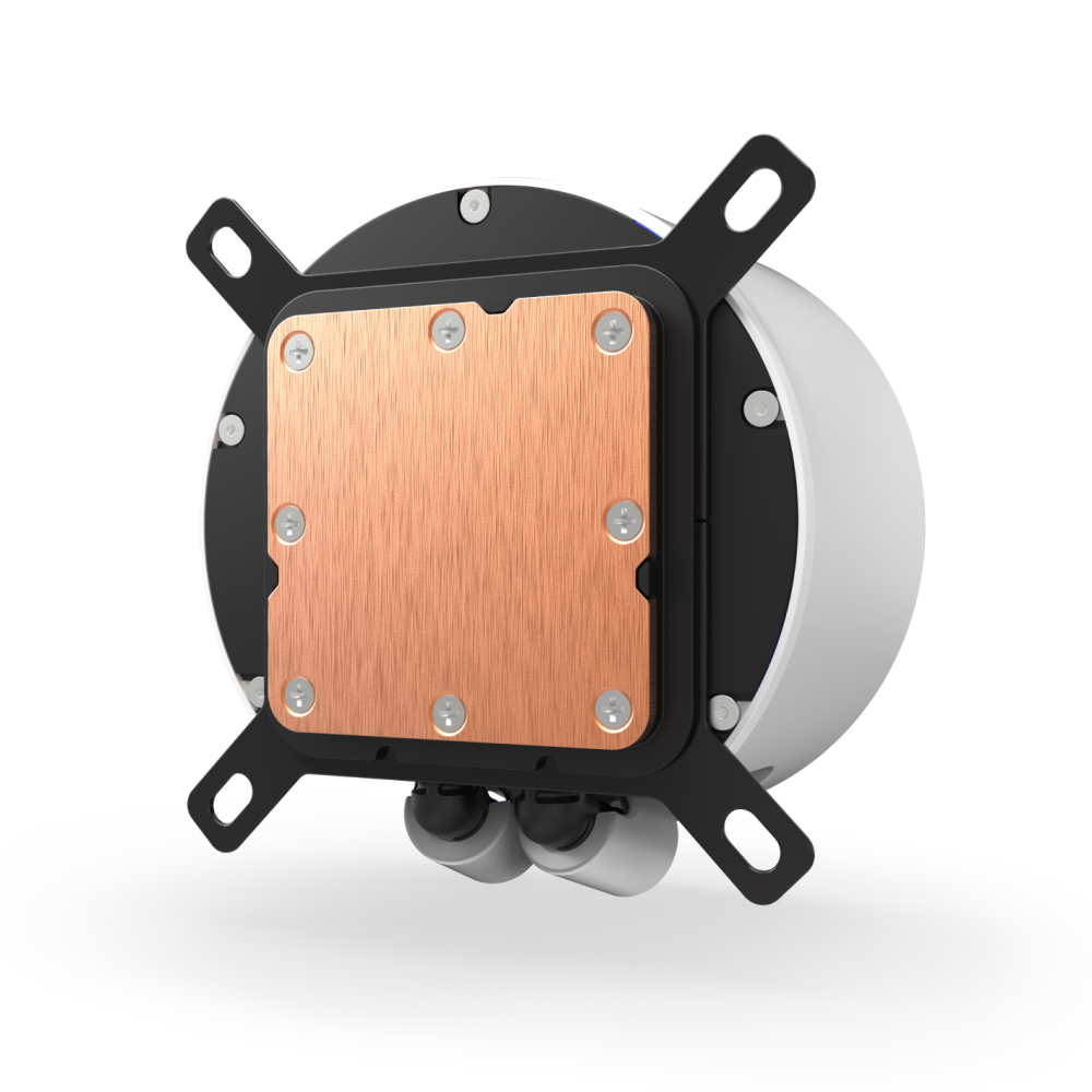 The NZXT Kraken Elite 280 RGB is a round electronic device featuring an RGB ring, a central square copper plate, four black mounting brackets on the sides, and two cables connected at the bottom.