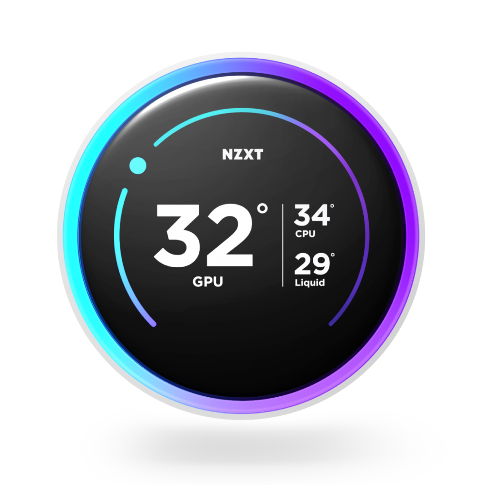 The NZXT Kraken Elite 280 RGB features a circular digital display showing GPU (32°C), CPU (34°C), and liquid cooling (29°C) temps, all framed by an RGB ring, and is powered by the efficient NZXT Turbine pump.