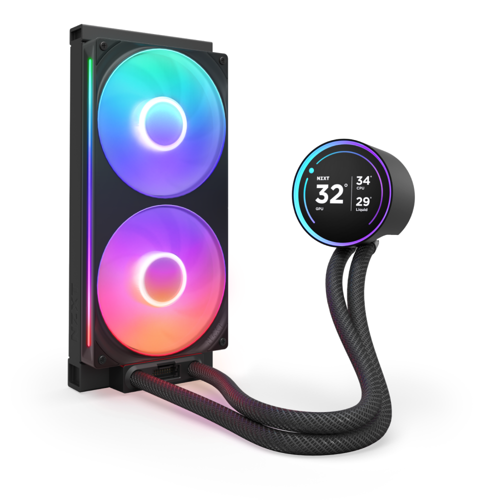 The NZXT Kraken Elite 280 RGB is a liquid CPU cooler with a circular digital temperature display, RGB ring, two RGB fans, braided tubing, and an advanced NZXT Turbine pump.