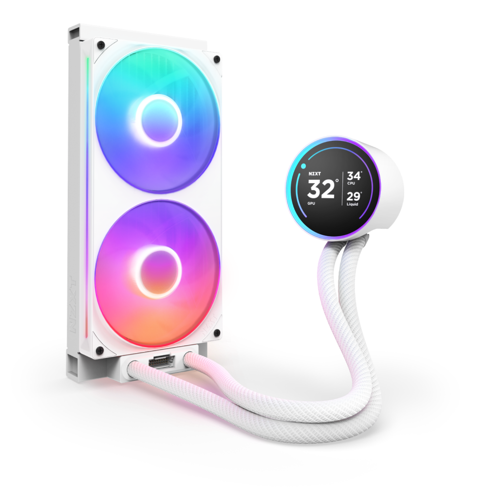 The NZXT Kraken Elite 280 RGB is a white liquid CPU cooler with an RGB ring, two RGB fans, a circular digital display for temps, braided white tubes, and an advanced NZXT Turbine pump.