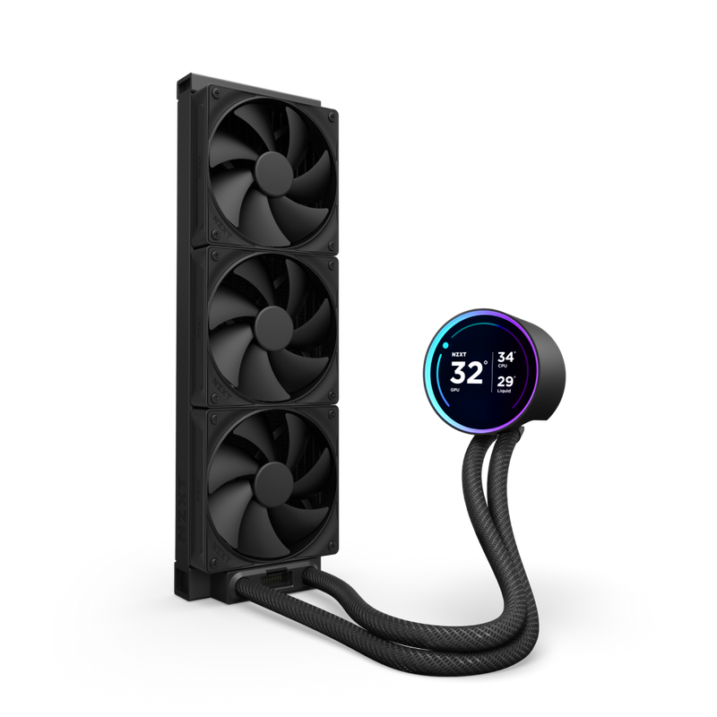 El NZXT Kraken Elite 360 es un refrigerador líquido para CPU con tres grandes ventiladores negros en un radiador, tubos trenzados y un cabezal de bomba circular con anillo RGB, pantalla digital de temperatura y bomba NZXT Turbine para una refrigeración eficiente.