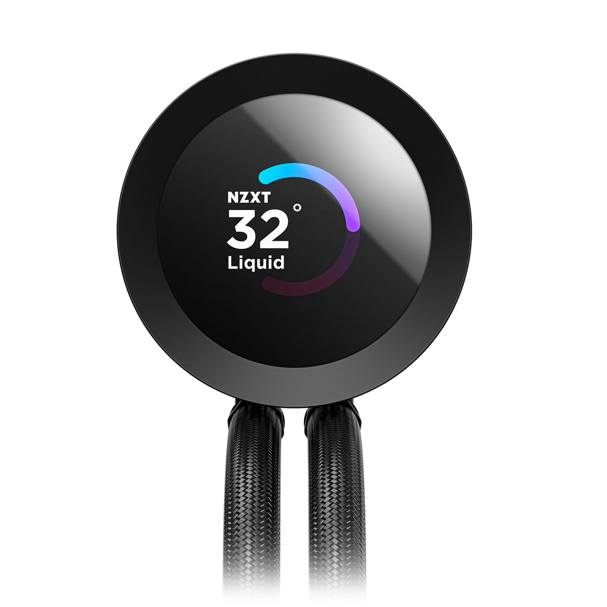NZXT Kraken Plus 360 black, front view of the pump cap and its round LCD display
