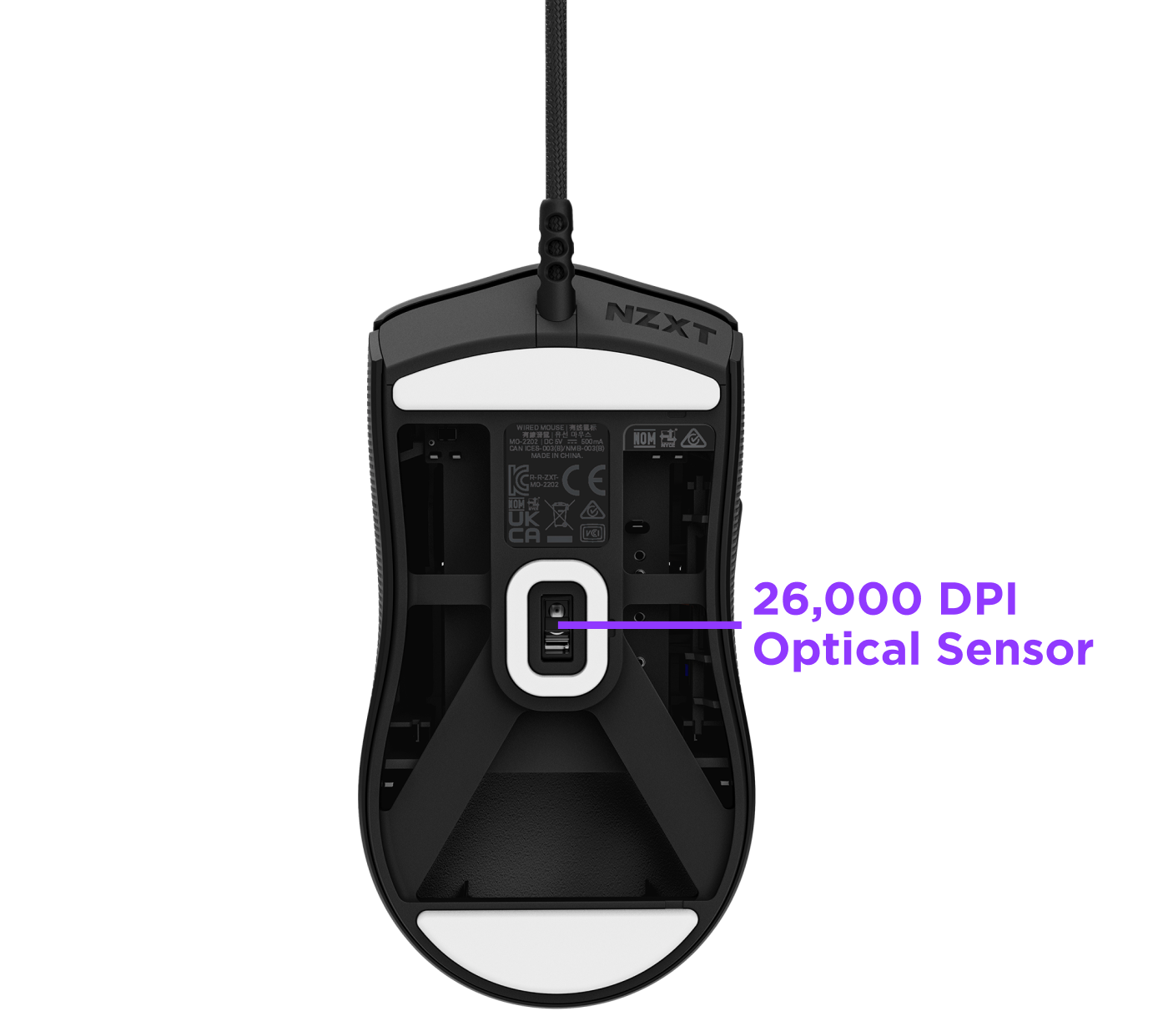 A computer mouse shown from the bottom, highlighting a labeled 26,000 DPI Optical Sensor with a purple arrow pointing to the sensor. The mouse has a black and white design with the NZXT logo.
