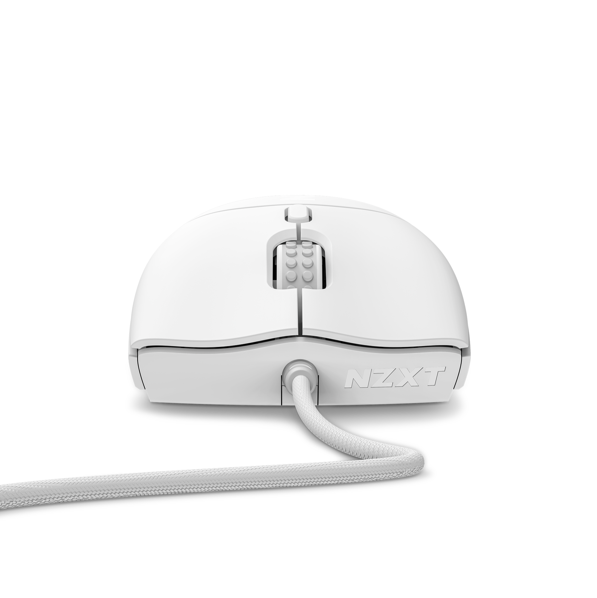 The NZXT Lift 2 Symm is a white wired computer mouse with a braided cable and a 26,000 DPI sensor, shown from the front on a black background. The NZXT logo appears on the front of the mouse.