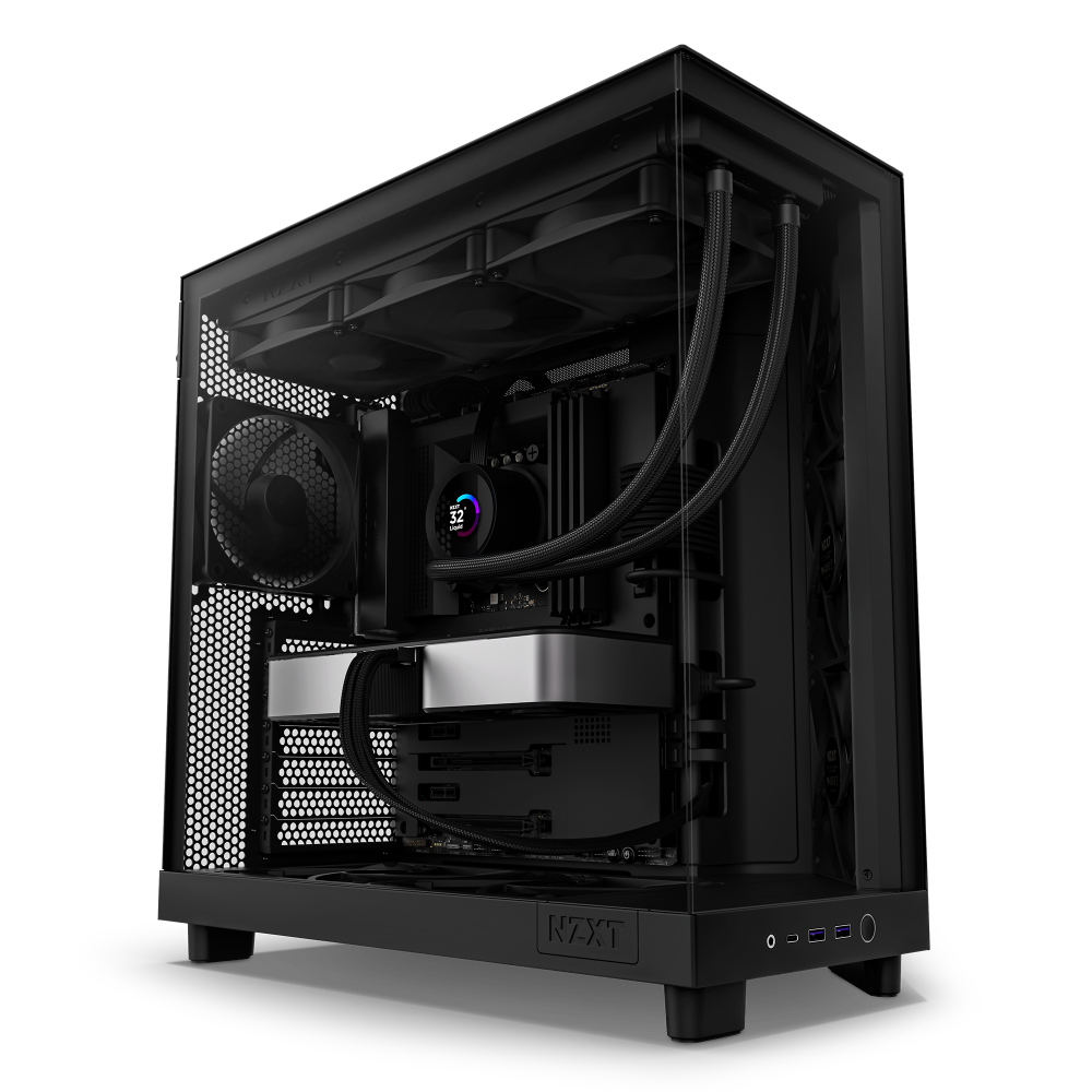 The NZXT H6 Flow is a black PC case with a panoramic glass side panel that showcases cooling fans, liquid cooling tubes, GPU cooling, and an RGB CPU cooler. The front panel includes USB ports and an audio jack.