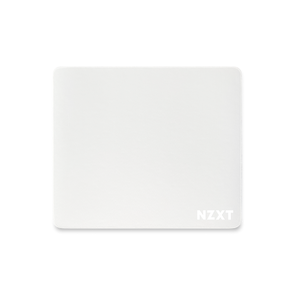 The NZXT MMP400 is a rectangular white mousepad with rounded corners and the NZXT logo in white on the bottom right. It features a low-friction surface and is displayed on a plain black background.