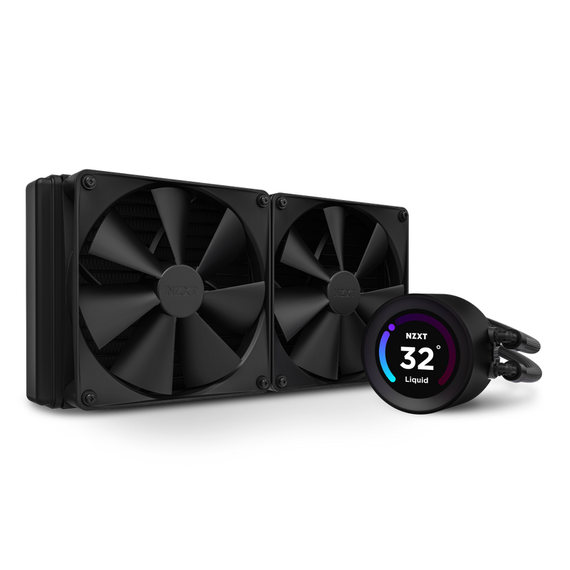The NZXT Kraken Elite 280 (2023) is a black liquid CPU cooler with dual large fans and a wide-angle LCD showing 32° Liquid in white. This sleek unit features visible tubes for optimal system cooling.