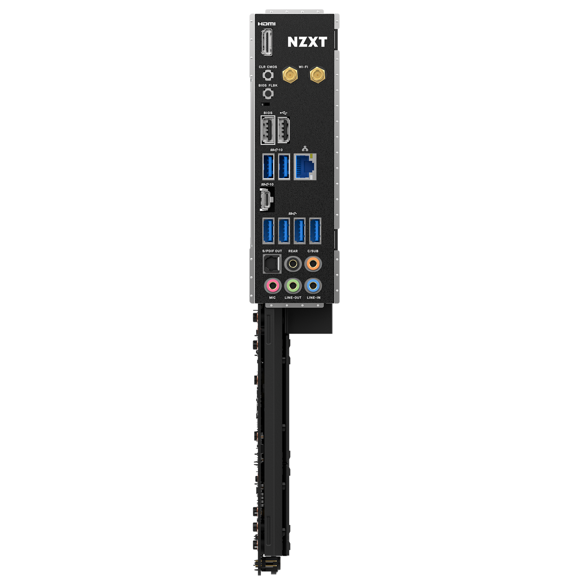 A vertical NZXT N7 B650E motherboard I/O shield in black, featuring Wi-Fi 6E antenna connectors, multiple USB ports, HDMI, DisplayPort, Ethernet, audio jacks, and RGB lighting channels against a plain background.