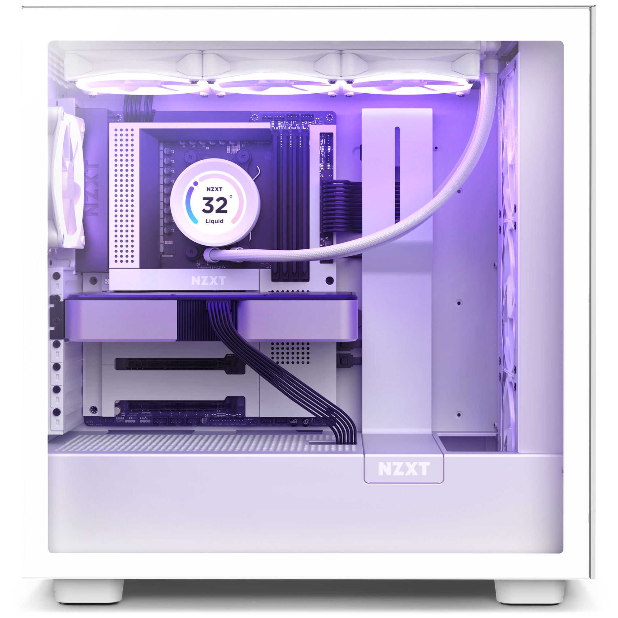 A white NZXT gaming PC case with an N7 Z790 motherboard, NZXT liquid cooler at 32°C, vivid purple RGB lighting, and tidy black cables visible through the side panel.