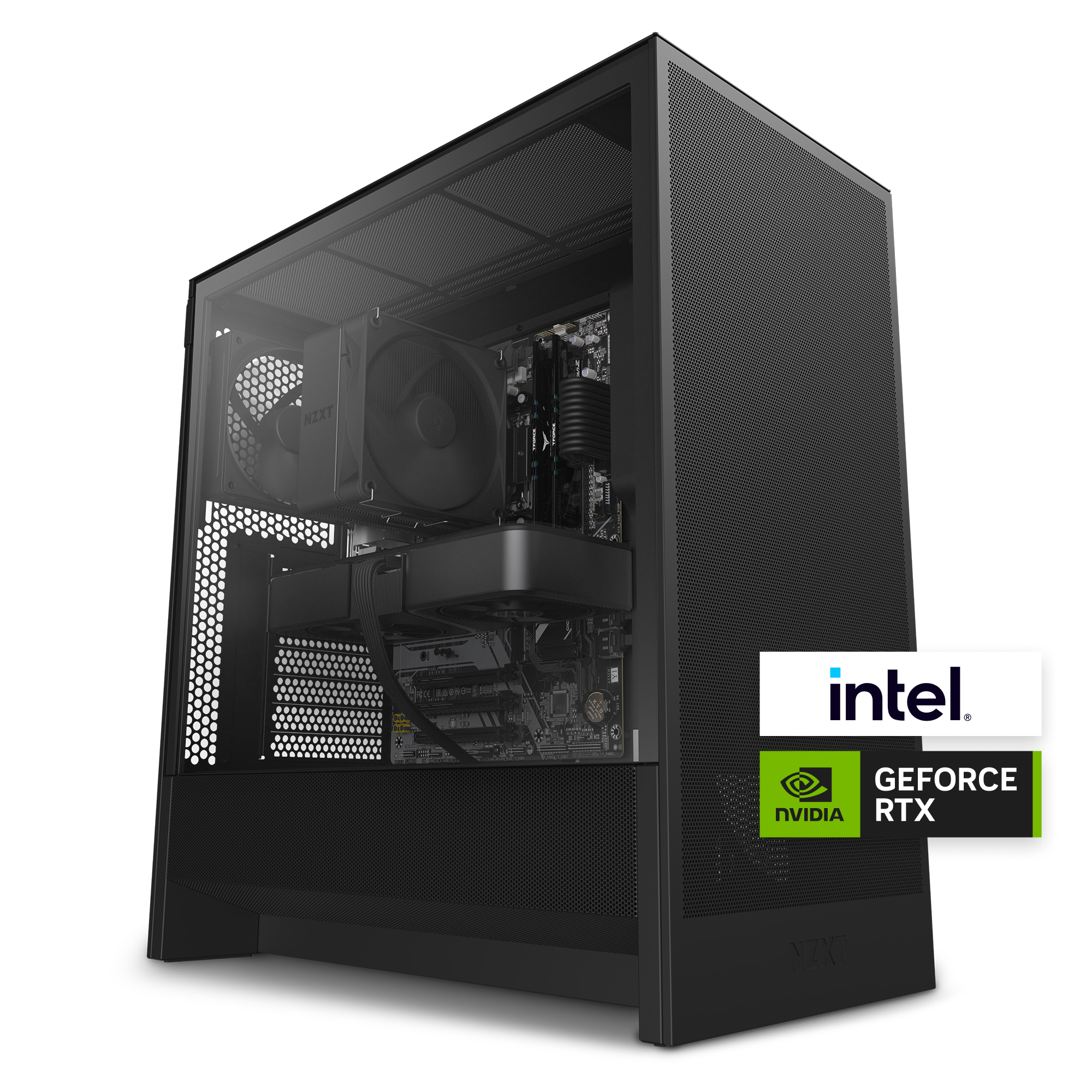 The NZXT Player One is a black desktop gaming PC with a transparent side panel that shows internal components, including an NZXT cooling fan, and features Intel Core i5-14400F and NVIDIA GeForce RTX badges.