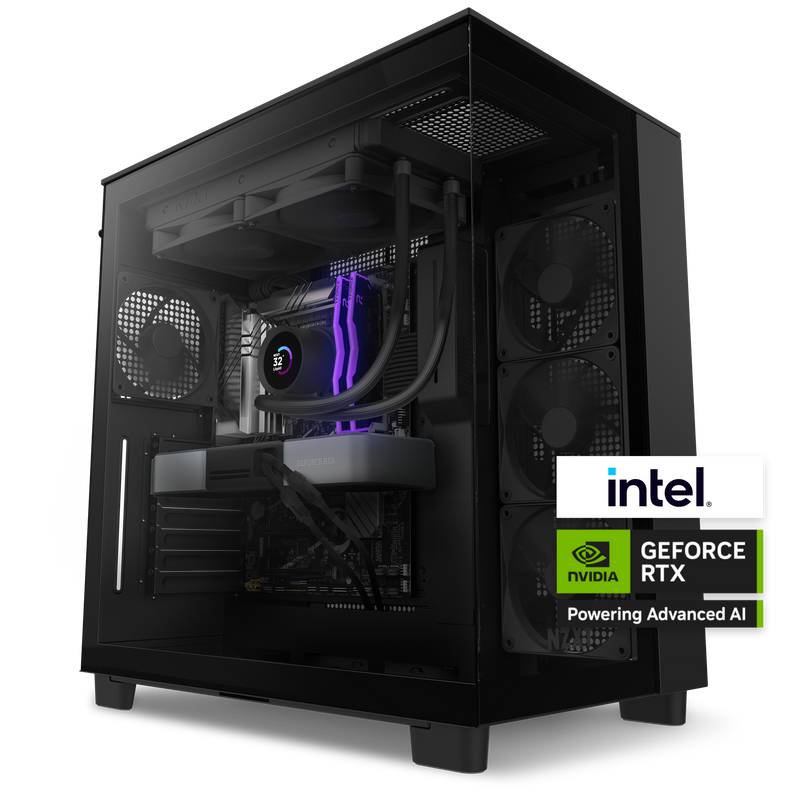 The NZXT Player Three desktop PC in black features RGB lighting, multiple cooling fans, NVIDIA GeForce RTX 50 Series graphics, and advanced AI for top-tier gaming.