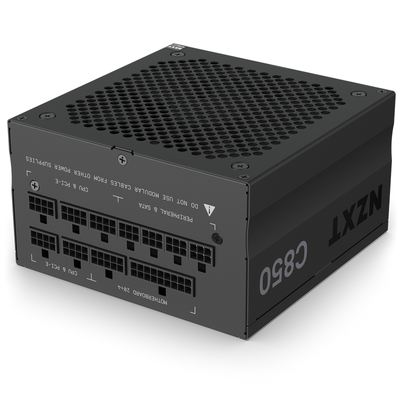 The NZXT C850 Gold (2022) is a black, fully modular power supply with multiple cable ports, top ventilation holes, and clear side labeling.