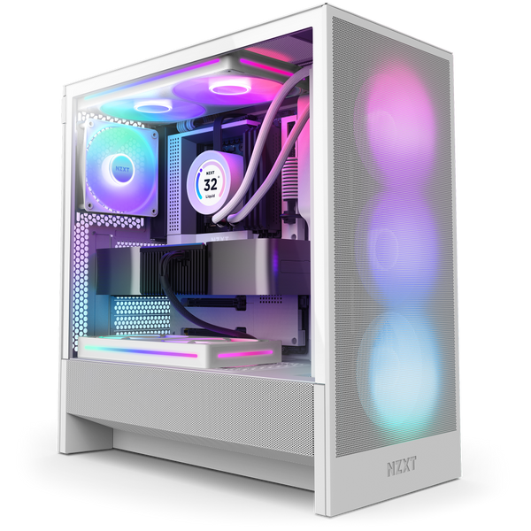 The NZXT H5 Flow RGB is a white computer case with a visible side panel, showcasing internal components lit by RGB lighting. Enhanced airflow keeps the system cool as front fans and interior parts glow pink, blue, and purple.