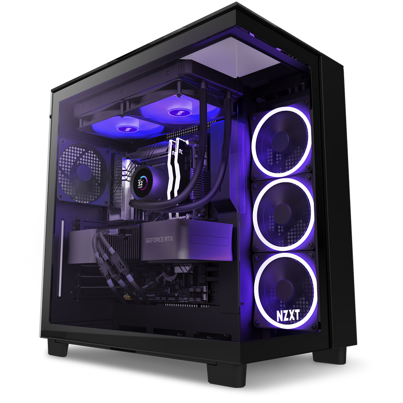 The NZXT Refurbished Player Three Prime - #8608 is a sleek black gaming PC with a transparent side panel revealing RGB-lit fans, liquid cooling, GeForce RTX graphics, and an NZXT logo in purple glow. Comes with a 2-year warranty.
