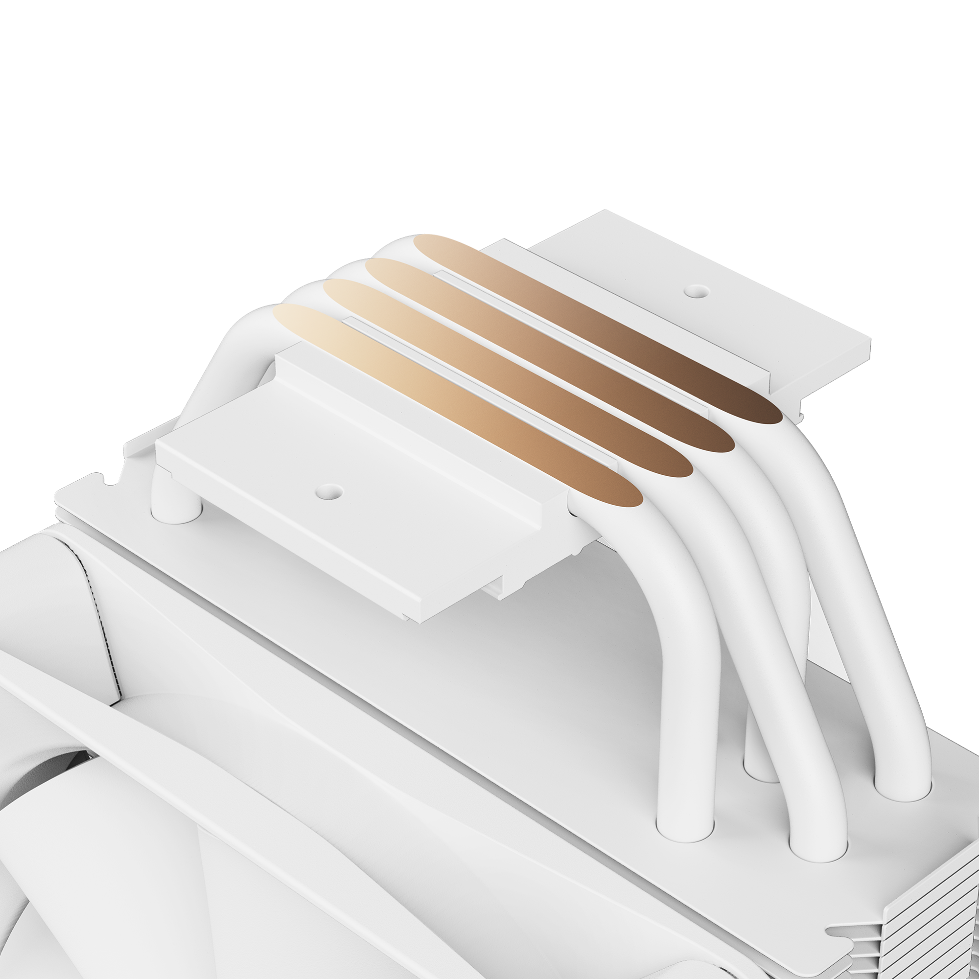 Close-up of the NZXT T120 RGB CPU air cooler, featuring a sleek white design with four copper heat pipes at its base, set against a black background. The modern structure emphasizes optimal thermal performance and premium materials.